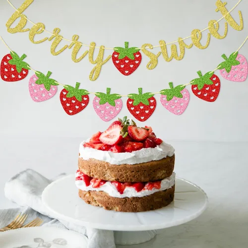 Miniatura 8 de Banner dulce de fresa y bayas, decoraciones de fiesta de fresa Suministros de fiesta temática de bayas de verano con purpurina dorada para baby