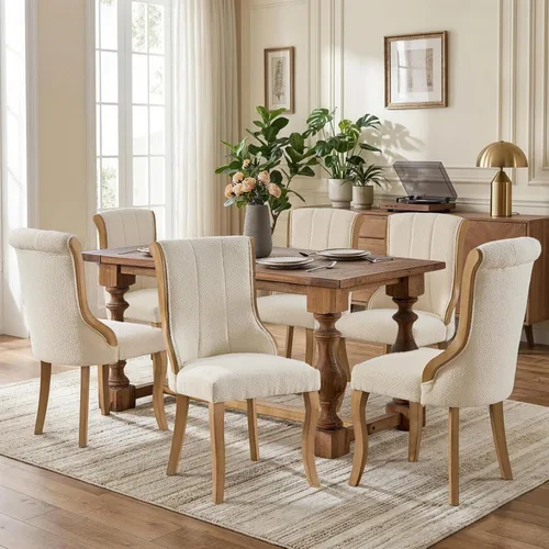 Miniatura 117 de SoarFlash Juego de 2 sillas de comedor de tela de lino, sillas de comedor tapizadas con ribete de cabeza de clavo y patas de madera de color claro