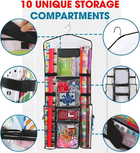 Miniatura 3 de ProPik Organizador Colgante de Papel de Regalo de Doble Cara, Almacenamiento de Papel de Regalo con Múltiples Bolsillos Delanteros y Traseros