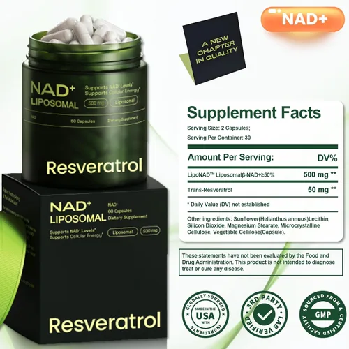 Miniatura 2 de Suplemento alternativo NMNH, resveratrol de ribósido de nicotinamida NAD, NAD liposomal + resveratrol, suministro de 30 días - Suplemento NAD