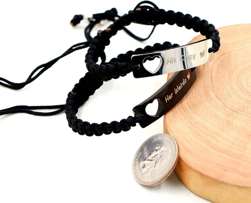 Miniatura 5 de 1 par de pulseras trenzadas Hademade para parejas, pulseras para hombres y mujeres grabadas con "I Love You 3000, God Gave Me You, His Crazy Her