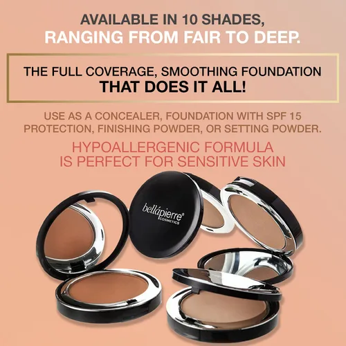 Miniatura 7 de bellapierre Base mineral compacta SPF 15, maquillaje natural vegano y libre de crueldad, base mate de cobertura completa, hipoalergénica, sin aceite