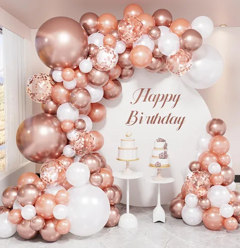 Kit de arco de guirnalda de globos de oro rosa, globos metálicos de oro rosa y blancos de 18/12/10/5 pulgadas de varios tamaños y globos de confeti,