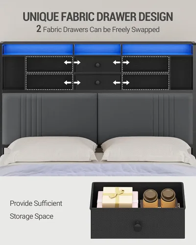 Miniatura 4 de Hzuaneri Cabecera con estantes de almacenamiento de 3 niveles, cabecera tapizada de terciopelo con tomacorriente, 2 puertos USB y luz LED, cabeceros