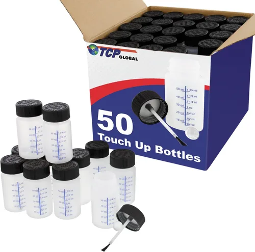 TCP Global Botellas de retoque de pintura de 2 onzas con tapas de seguridad (caja de 50), bola mezcladora y cepillo aplicador, capacidad de líquido