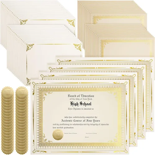 Fainne 100 Sets Kit de Papel para Certificados de Una Cara con Borde de Lámina para Portadas de Certificados de 8.5 X 11, Sellos de Reconocimiento