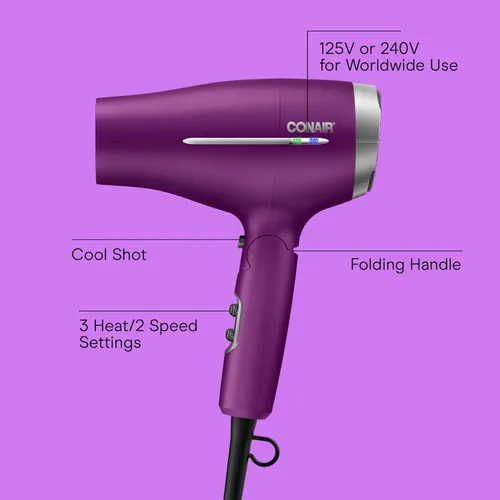 Miniatura 2 de Conair Worldwide Secador de pelo con mango plegable con concentrador y difusor, 1875W secador de pelo de viaje con tecnología de voltaje