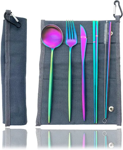 Miniatura 9 de JASHII El juego de cubiertos de viaje incluye cuchillo reutilizable, tenedor, cuchara, palillos, pajilla, utensilios ecológicos, utensilios de Azul