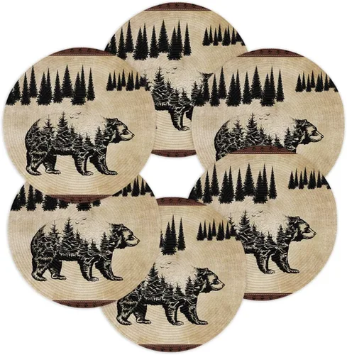 Miniatura 12 de Juego de 2 manteles individuales redondos vintage con diseño de oso negro y pino, manteles individuales lavables de tejido retro rústico