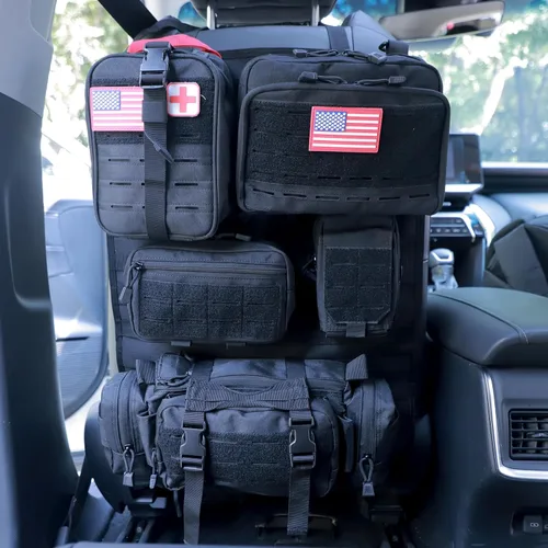 Miniatura 15 de Organizador táctico universal para respaldo de asiento, panel Molle para vehículo, bolsa de almacenamiento con 5 bolsas Molle desmontables