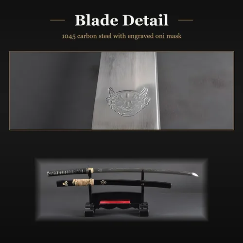Miniatura 5 de HMS Fully Functional Hattori Hanzo Katana Sword, 1045 Carbon Steel, Hand Forged Heat Tempered, Full Tang, Sharp, Black Scabbard