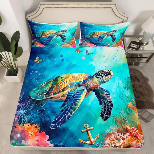 Miniatura 11 de Erosebridal Sábanas de cama de sirena azul para niñas, bonita sábana bajera ajustable de unicornio, 2 piezas, ropa de cama de arcoíris femenino