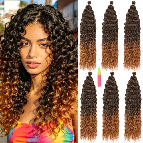 Miniatura 31 de MAYSA Extensiones de cabello sintético de ganchillo con ondas oceánicas, color 4 marrón, 22 pulgadas, rizado trenzado, extensiones de cabello