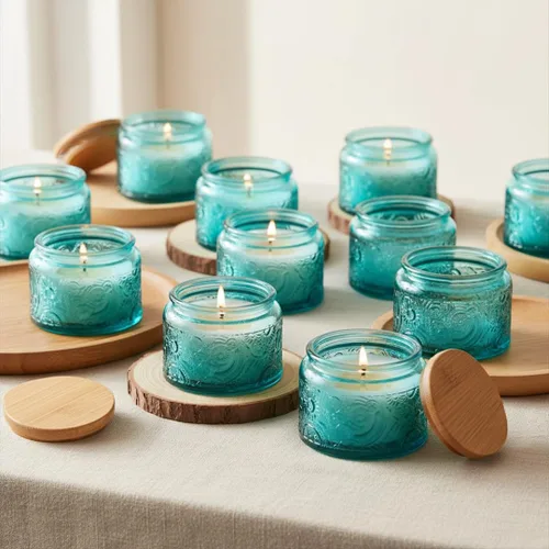 Miniatura 16 de Paquete de 18 recipientes de vidrio en relieve de 4 onzas con tapas y etiquetas de bambú, tarros transparentes para hacer velas, diseño de estrella