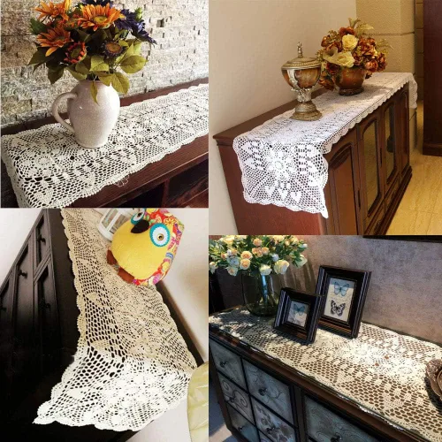 Miniatura 3 de KEPSWET Camino de mesa rectangular de girasol hecho a mano con encaje de ganchillo, decoración floral de boda (14 x 36 pulgadas, beige)