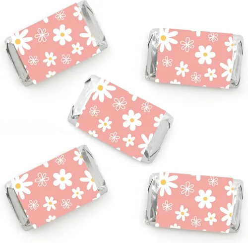 Big Dot of Happiness Pink Daisy Flowers – Mini pegatinas para envoltorio de barra de caramelo, regalos pequeños para fiestas florales – 40 unidades