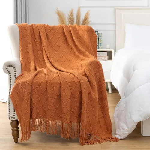 Miniatura 2 de Quinnsus Manta de otoño naranja quemado para sofá, suave y ligera, decorativa, de acrílico, bohemio, manta tejida cálida con borlas para viajes