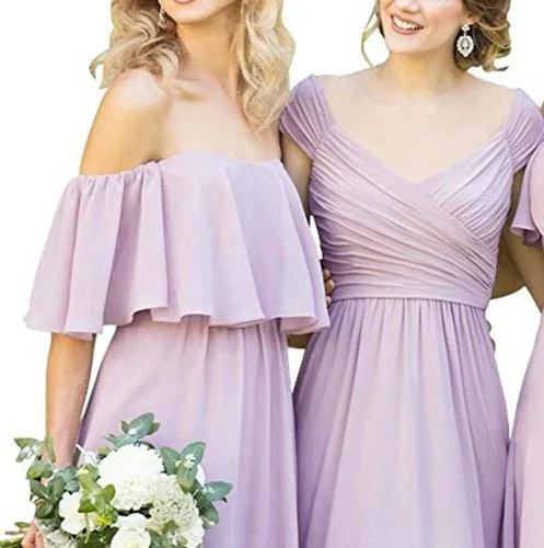 Miniatura 4 de Fanciest Vestido largo de gasa con hombros descubiertos para dama de honor para mujer