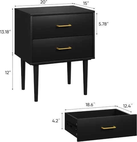 Miniatura 2 de Mesita de noche negra con 2 cajones, mesita de noche alta y moderna negra, mesitas de noche de madera para dormitorio, mesa auxiliar de cama, mesa