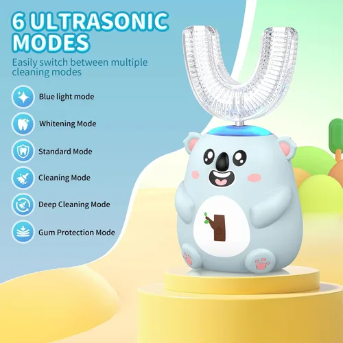 Miniatura 3 de Cepillo de dientes eléctrico en forma de U para niños, limpieza sónica automática de 360°, 6 modos, 4 cabezales de cepillo, bonito diseño de koala