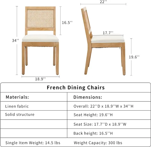 Miniatura 3 de ODUSE-DAILY French Country - Juego de 2 sillas de comedor de ratán beige, sillas de comedor de madera con respaldo de caña y asiento tapizado