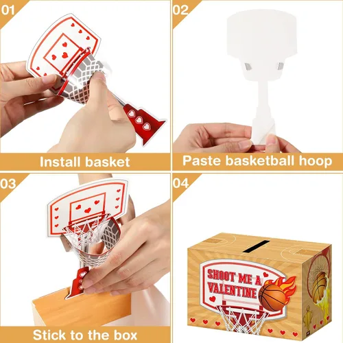 Miniatura 4 de Geyee Cajas de San Valentín de baloncesto con 4 tarjetas diferentes para intercambio de oficina, fiesta, 1 buzón, 16 tarjetas, 2 touchdown