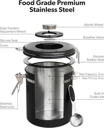 Miniatura 5 de Veken Recipiente de café con ventana, recipiente hermético de almacenamiento de alimentos de cocina de acero inoxidable con tapas, rastreador
