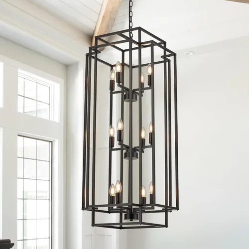 Miniatura 11 de lámpara colgante de farol de 8 luces en forma de escalones, lámpara de araña de granja de metal negro para colgar en vestíbulo de entrada, comedor