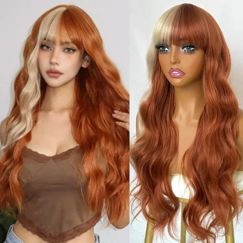 Miniatura 12 de QD-Tizer Pelucas sintéticas de color rubio ceniza con flequillo, pelucas de cabello largo y lacio, sin pegamento, pelucas sintéticas sin encaje