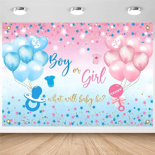 Miniatura 6 de Avezano Telón de Fondo de Revelación de Género Niño o Niña Cartel Pancarta Estrellas Azules y Rosas Puntos Tema de Globos Decoraciones de Fiesta
