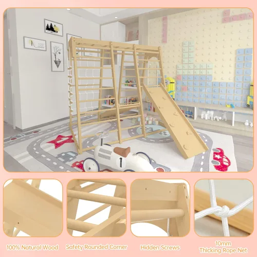 Miniatura 5 de Gimnasio de la selva para niños pequeños, juego de patio interior de 66 pulgadas con columpio, pared de escalada en roca, tobogán, barras de mono