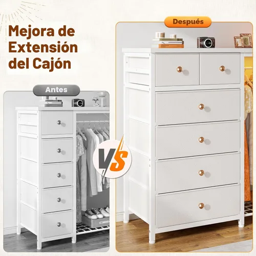Miniatura 7 de EnHomee Cómoda blanca de 125 cm de ancho para dormitorio con estante colgante, cómoda de 6 cajones con luces LED y estación de carga, cómodas