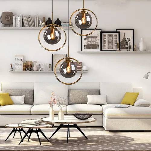 Miniatura 4 de Lámpara colgante industrial vintage de 3 luces, anillo de metal de latón con pantalla de globo de vidrio, lámpara colgante de techo retro, lámpara