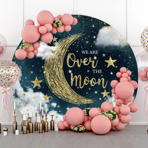 Miniatura 3 de Laeacco Telón de fondo redondo de 3 x 3 pies con texto en inglés «We are Over The Moon» para baby shower, noche estrellada, purpurina dorada, luna