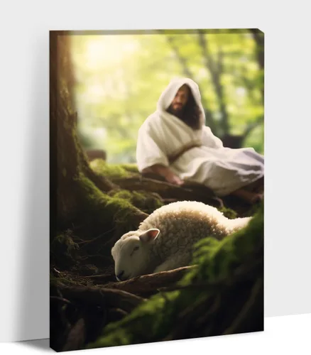 Miniatura 33 de Arte de pared en lona de Jesús y Cordero, Imagen de Jesús Corriendo tras la Oveja Perdida, Arte de pared religioso de Jesús Dejando las 99, Pinturas