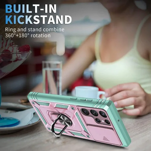 Miniatura 7 de Funda para Samsung Galaxy S22 Ultra 5G con ranura para tarjetero de cámara deslizante, grado militar, resistente, a prueba de golpes, funda de tres