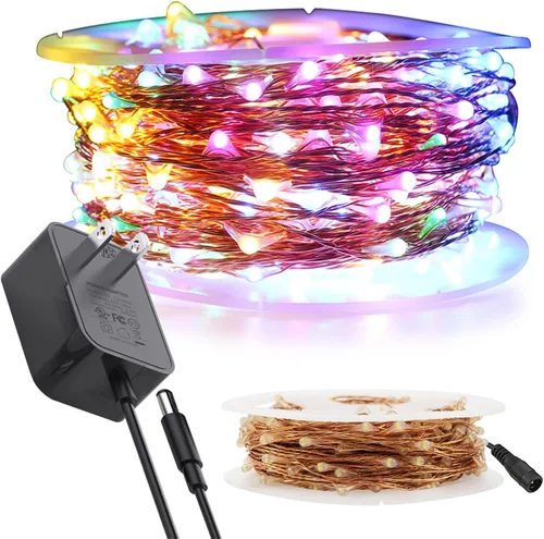 RUICHEN Cadena de luces de alambre de cobre enchufables de 99 pies, 300 luces LED con carrete, multicolor