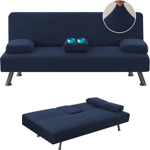 Miniatura 9 de LiveGo Funda para futón, 4 piezas, elásticas, para futón, sofá cama, con reposabrazos extraíbles y portavasos, protector de muebles, tela jacquard