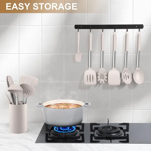 Miniatura 7 de LIANYU Juego de 15 utensilios de cocina con soporte, herramientas de cocina de silicona con mango de acero inoxidable, utensilios resistentes al