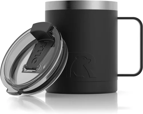 RTIC Taza de café con asa, 12 onzas, color negro, portátil de viaje térmico para campamento, aislada al vacío con tapa, acero inoxidable, a prueba