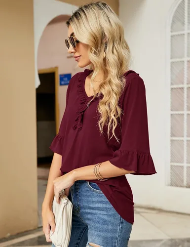 Miniatura 4 de Ivicoer Camisetas casuales con cuello en V para mujer, holgadas, para verano, otoño, mangas 34 acampanadas, tops, blusas túnica con volantes