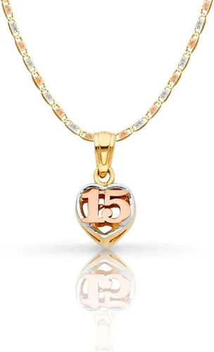 Ioka 14K Tri Color Gold Sweet 15 Years Quinceanera Heart Charm Pendant with 1.5mm Valentino Chain Necklace