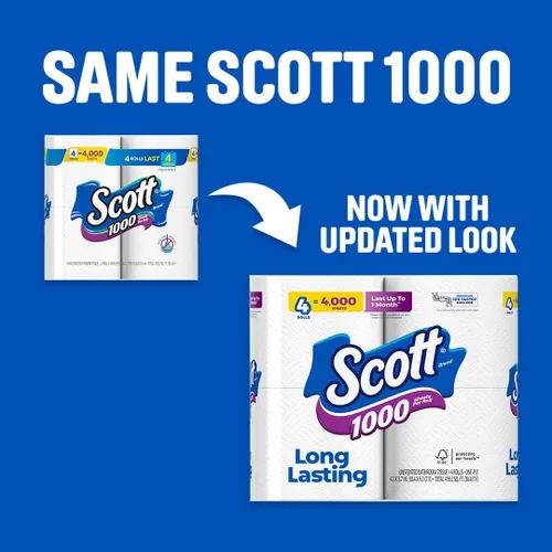 Miniatura 3 de Scott - 1000 hojas por rollo de papel higiénico, 4 rollos, toallas de baño
