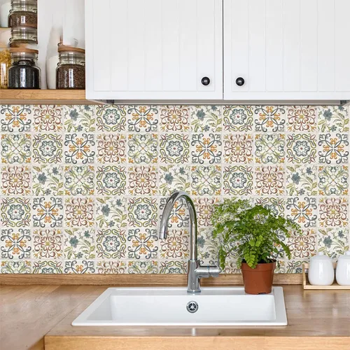 Miniatura 2 de Wudnaye Papel tapiz bohemio para despegar y pegar, papel de contacto de azulejos de imitación de 17 x 118 pulgadas, patrón de azulejos, extraíble