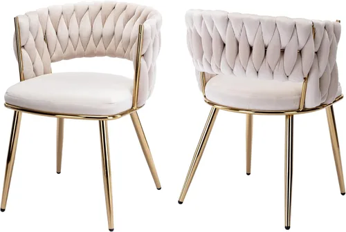 Miniatura 17 de Juego de 2 sillas de comedor tejidas, modernas sillas de comedor tejidas a mano con patas de metal negro, sillas tapizadas con marco negro