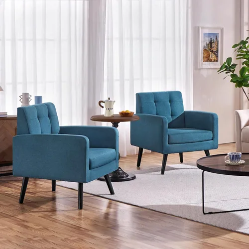 Miniatura 2 de Yaheetech Sillas de acento de mediados del siglo, silla moderna tapizada para sala de estar, sillón acogedor con respaldo abotonado y patas de Azul