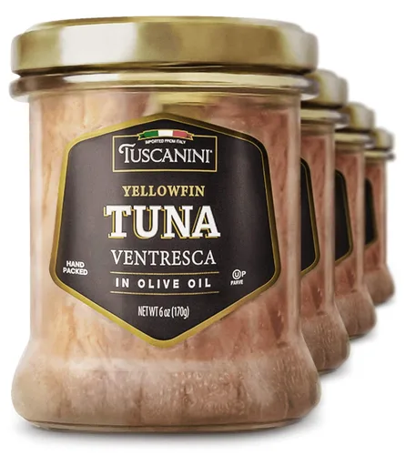 Tuscanini Atún Ventresca de aleta amarilla italiana real en aceite de oliva puro, 6 onzas (paquete de 4), filete mignon de pescado, sin gluten, sin