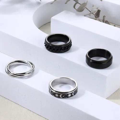 Miniatura 6 de FUNRUN JEWELRY Juego de 4 anillos giratorios de acero inoxidable para mujeres y hombres, anillos de banda para la ansiedad, luna, estrella, celta