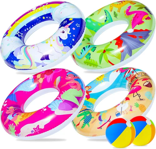 Miniatura 8 de FindUWill Paquete de 6 flotadores de piscina para niños, anillos de natación para piscina (paquete de 4) – 4 flotadores grandes inflables para playa