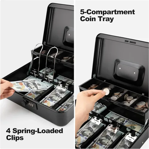Miniatura 6 de Caja de efectivo con bandeja de dinero y cerradura, caja de dinero segura para efectivo, caja de bloqueo de metal con combinación, organizador